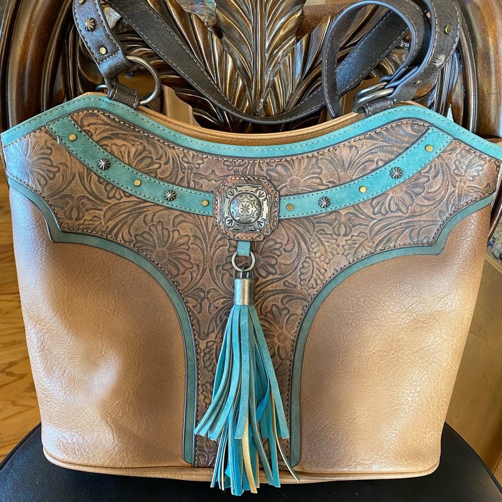 Justin Tooled Leather Handbag with Tassel